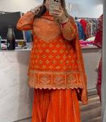 Orange embroidery chinnon silk fully stitched sarara palazzo suit set