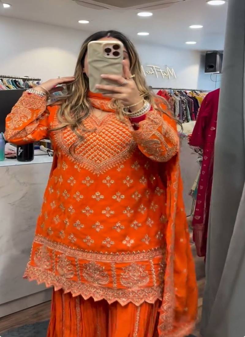 Orange embroidery chinnon silk fully stitched sarara palazzo suit set