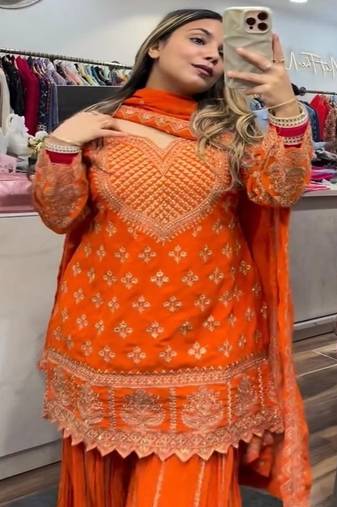 Orange embroidery chinnon silk fully stitched sarara palazzo suit set