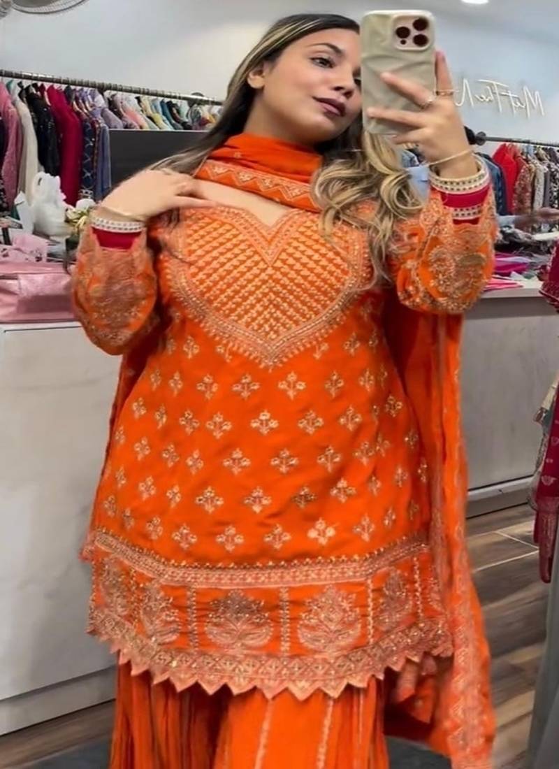 Orange embroidery chinnon silk fully stitched sarara palazzo suit set