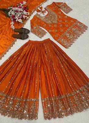 Orange embroidery chinnon silk blend fully stitched sarara palazzo suit set 2
