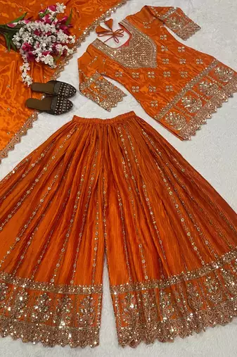 Orange embroidery chinnon silk blend fully stitched sarara palazzo suit set