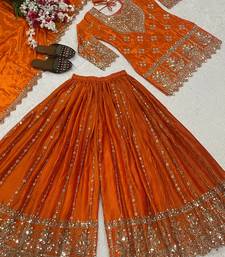 Orange embroidery chinnon silk fully stitched sarara palazzo suit set