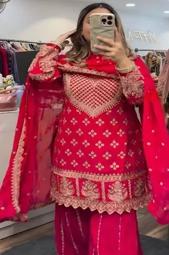 Red embroidery chinnon silk fully stitched sarara palazzo suit set