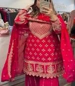 Red embroidery chinnon silk fully stitched sarara palazzo suit set