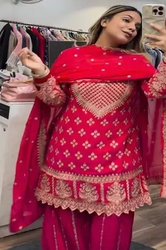 Red embroidery chinnon silk fully stitched sarara palazzo suit set