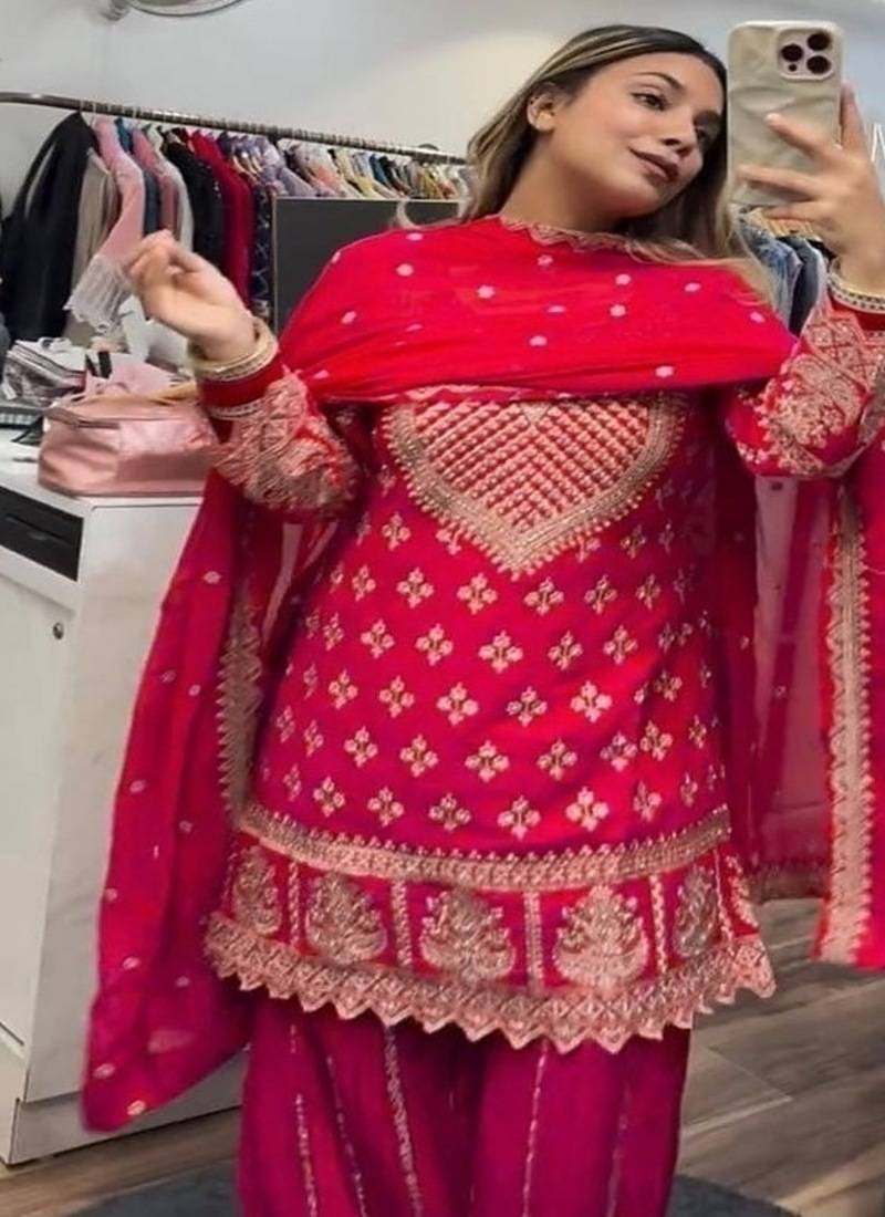 Red embroidery chinnon silk fully stitched sarara palazzo suit set