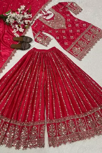 Red embroidery chinnon silk blend fully stitched sarara palazzo suit set