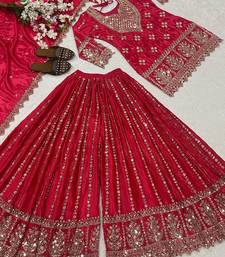 Red embroidery chinnon silk fully stitched sarara palazzo suit set