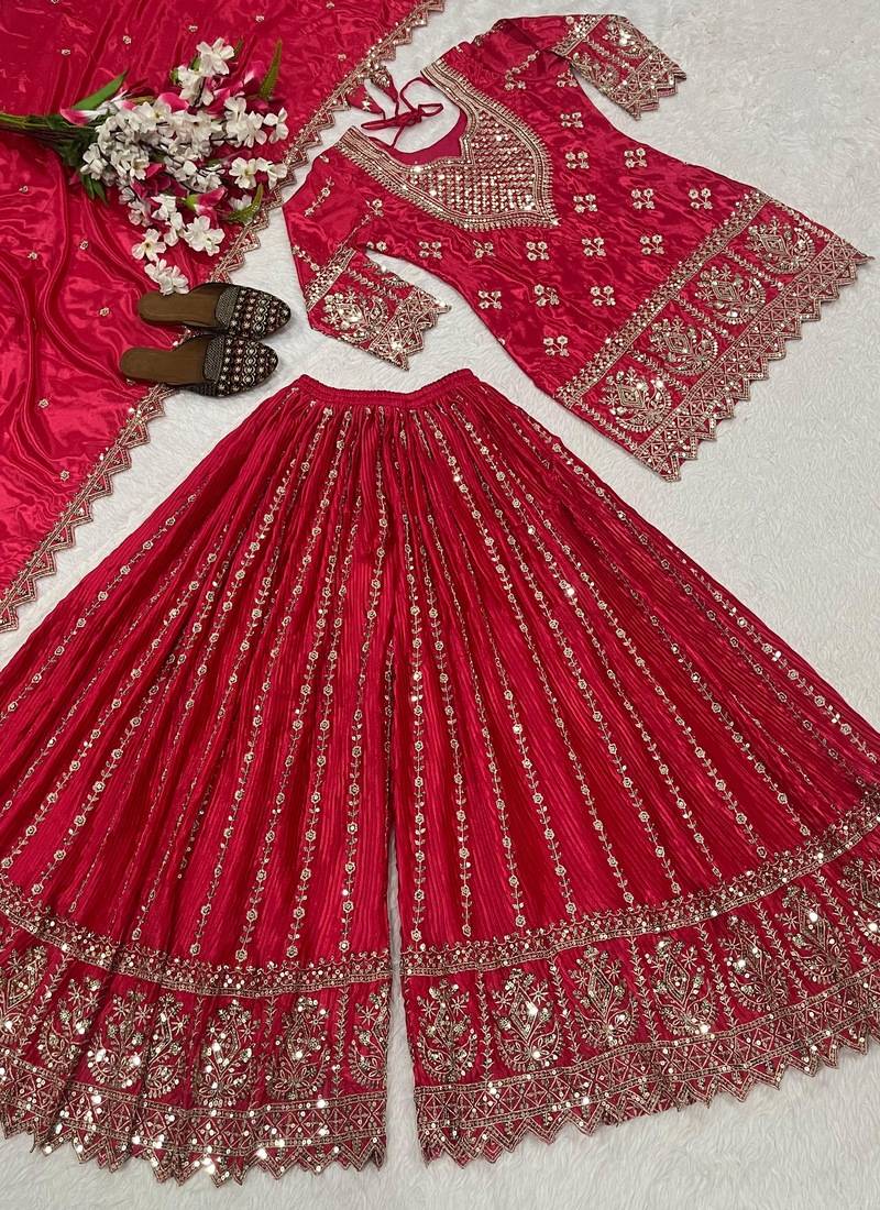 Red embroidery chinnon silk fully stitched sarara palazzo suit set