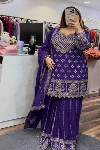 Purple embroidery chinnon silk fully stitched sarara palazzo suit set