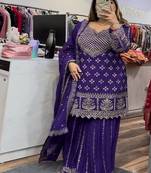 Purple embroidery chinnon silk fully stitched sarara palazzo suit set