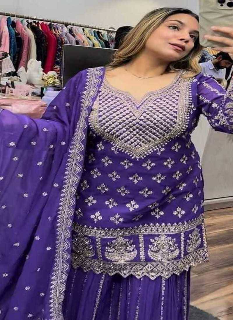 Purple embroidery chinnon silk fully stitched sarara palazzo suit set