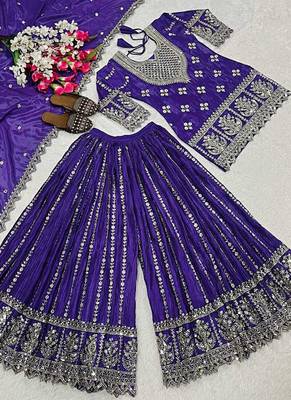 Purple embroidery chinnon silk blend fully stitched sarara palazzo suit set 2