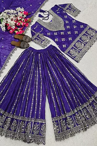 Purple embroidery chinnon silk blend fully stitched sarara palazzo suit set