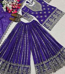 Purple embroidery chinnon silk fully stitched sarara palazzo suit set