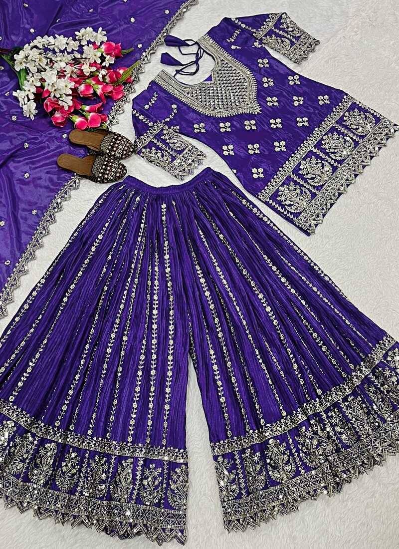 Purple embroidery chinnon silk fully stitched sarara palazzo suit set