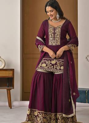 Deep wine embroidery Blend Tissue fully stitched sharara suit set 1