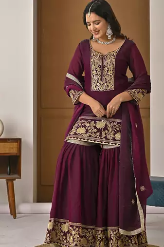 Deep wine embroidery fendy silk fully stitched sarara palazzo suit set