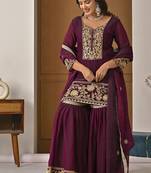 Deep wine embroidery fendy silk fully stitched sarara palazzo suit set