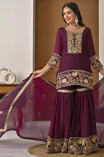 Deep wine embroidery Blend Tissue fully stitched sharara suit set