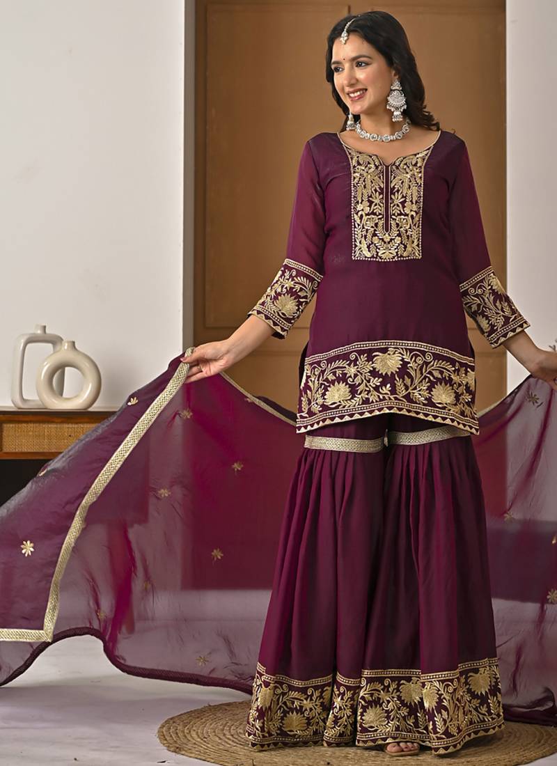 Deep wine embroidery fendy silk fully stitched sarara palazzo suit set