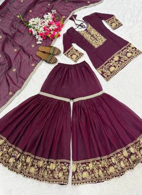Deep wine embroidery Blend Tissue fully stitched sharara suit set 3