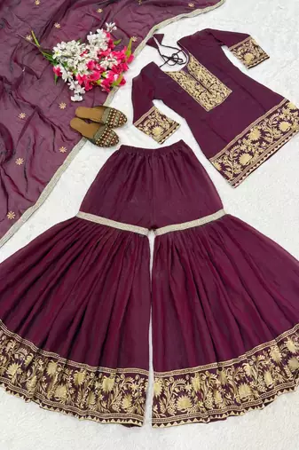 Deep wine embroidery Blend Tissue fully stitched sharara suit set