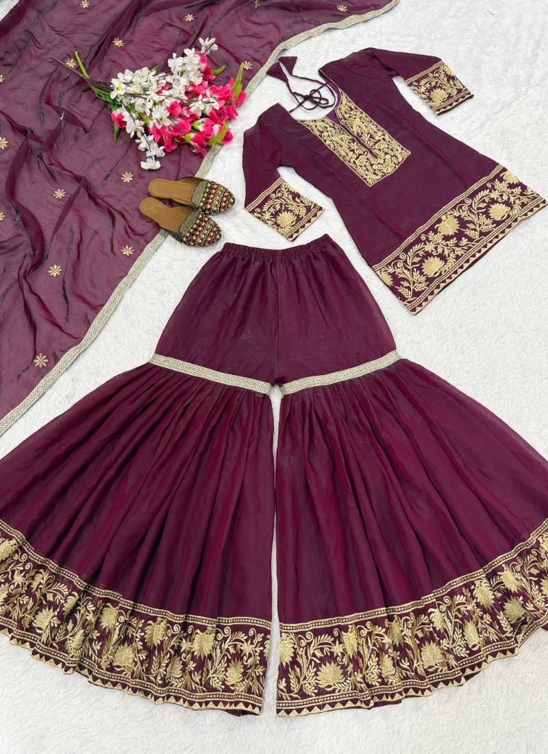 Deep wine embroidery fendy silk fully stitched sarara palazzo suit set