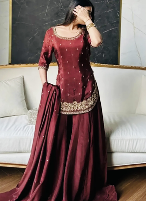 Maroon embroidery crep fully stitched sarara palazzo suit set 1