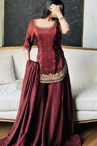 Maroon embroidery crep fully stitched sarara palazzo suit set