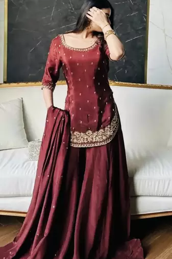 Maroon embroidery crep fully stitched sarara palazzo suit set
