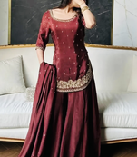 Maroon embroidery crep fully stitched sarara palazzo suit set