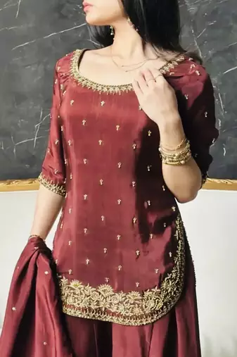 Maroon embroidery crep fully stitched sarara palazzo suit set