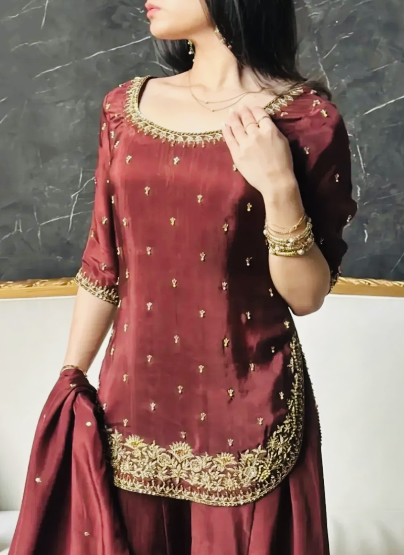 Maroon embroidery crep fully stitched sarara palazzo suit set