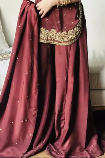 Maroon embroidery crep fully stitched sarara palazzo suit set