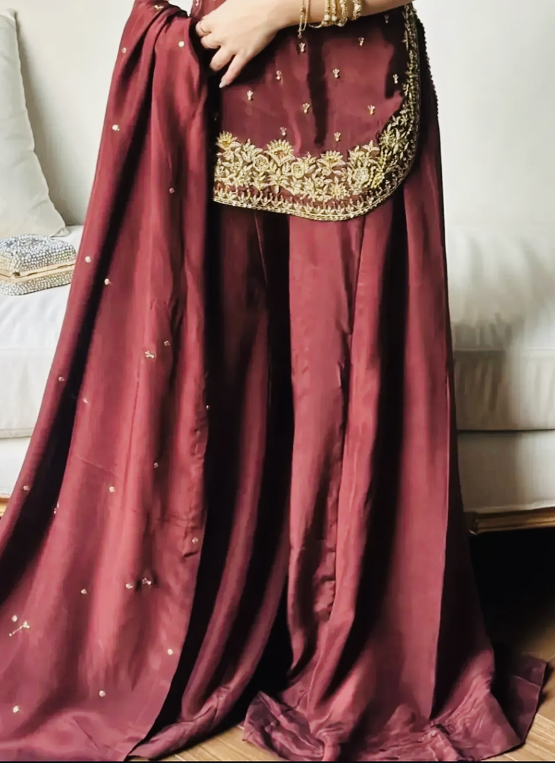 Maroon embroidery crep fully stitched sarara palazzo suit set