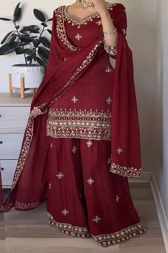 Maroon embroidery satin fully stitched sarara palazzo suit set