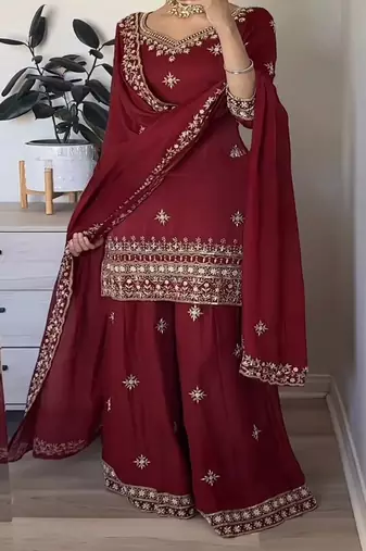 Maroon embroidery satin fully stitched sarara palazzo suit set