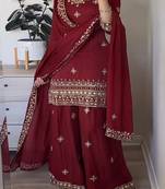 Maroon embroidery satin fully stitched sarara palazzo suit set
