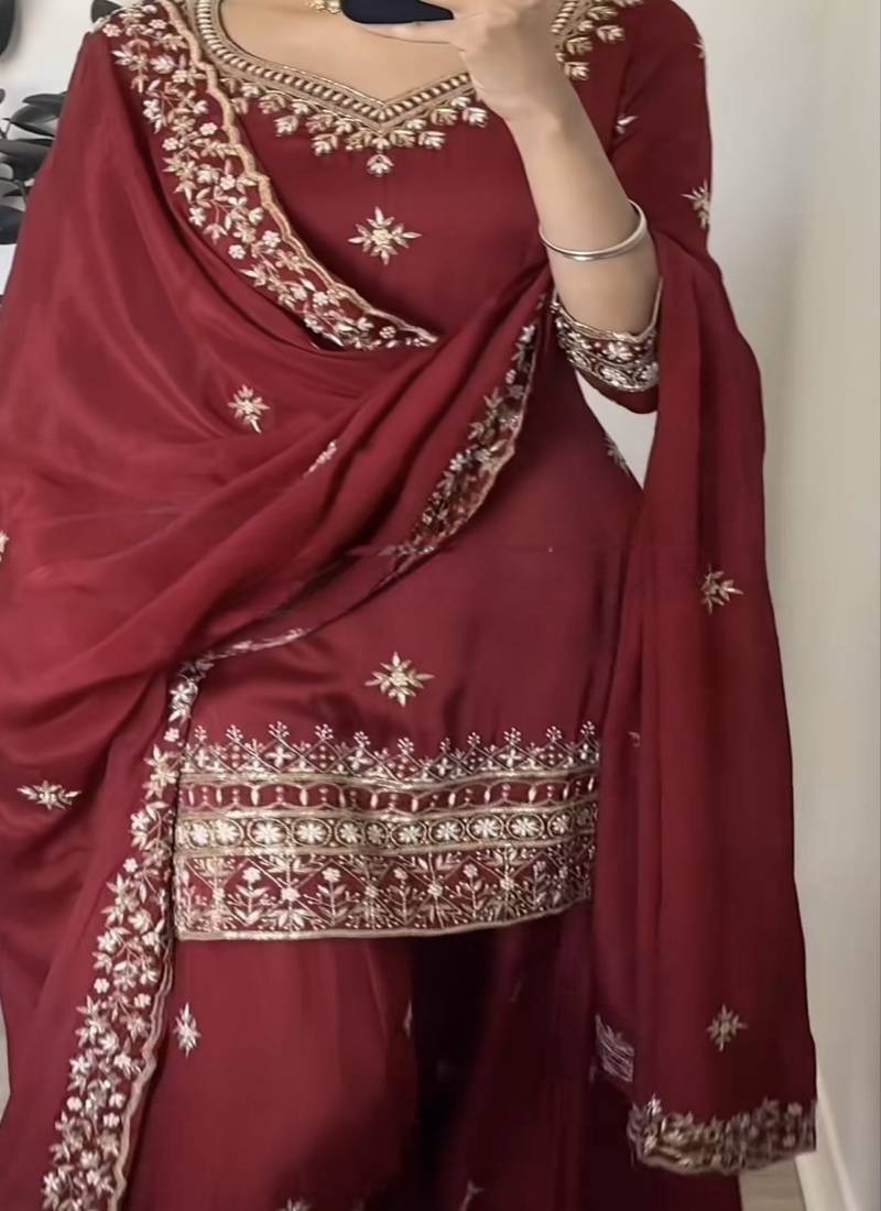 Maroon embroidery satin fully stitched sarara palazzo suit set