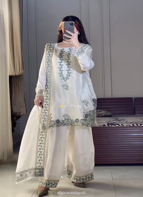 Off white embroidery crep fully stitched farshi salwar suit set 1