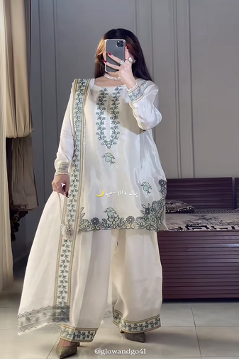 Off white embroidery crep fully stitched farshi salwar suit set