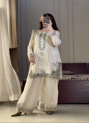 Off white embroidery crep fully stitched farshi salwar suit set 2