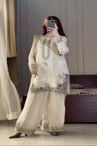 Off white embroidery crep fully stitched farshi salwar suit set