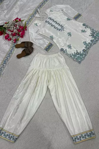 Off white embroidery crep fully stitched farshi salwar suit set
