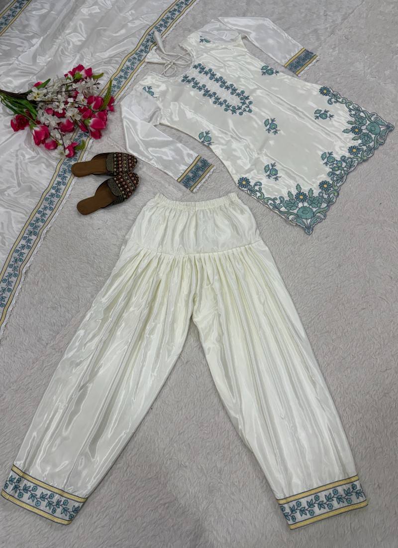 Off white embroidery crep fully stitched farshi salwar suit set