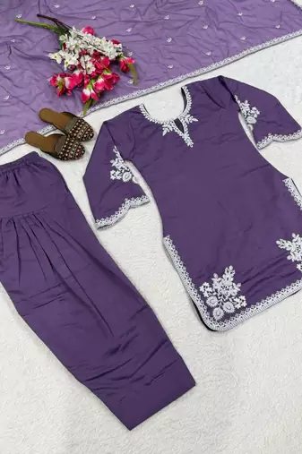 Purple embroidery crep fully stitched farshi salwar suit set