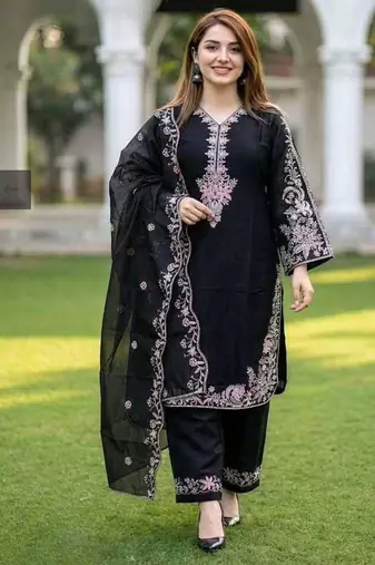 Black embroidery satin fully stitched palazzo suit set