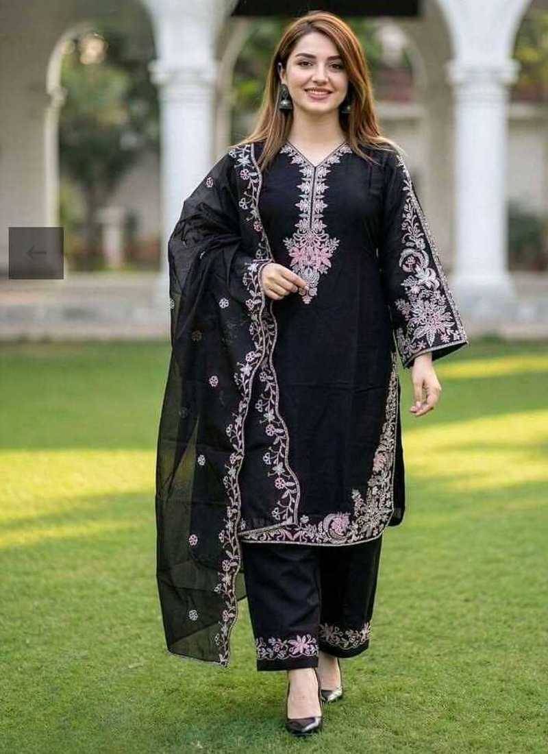 Black embroidery satin fully stitched palazzo suit set
